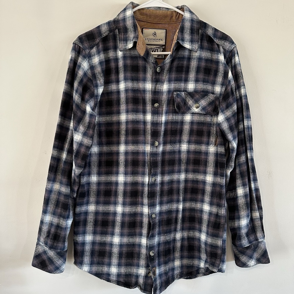Legendary Whitetails Shirt Men Sm Long Sleeve Buck Camp Navy Gray Plaid Flannel